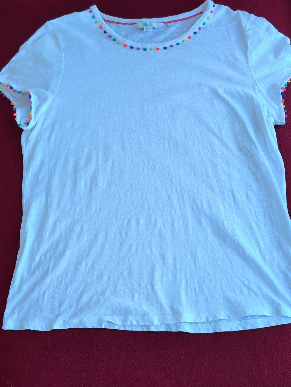 Boden white cotton tee with multicolor pom pom trim